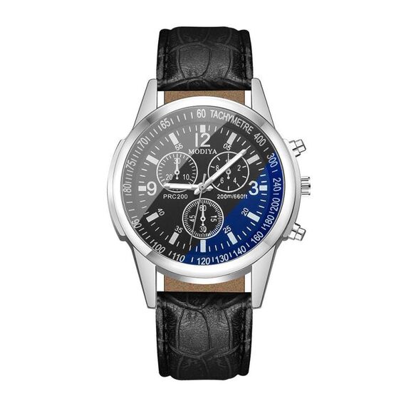 Orologio al quarzo da uomo con cinturino in pelle e vetro blu MODIYA (nero)