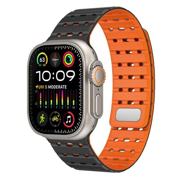 Cinturino in silicone magnetico traspirante bicolore per Apple Watch 46 mm / 49 mm / 45 mm / 44 mm (nero e arancione)