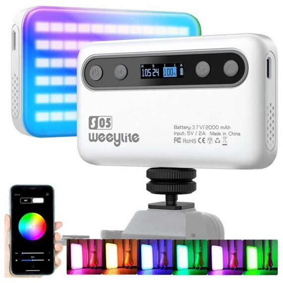 Lampada di riempimento portatile Weeylite S05 per telefono con controllo tramite app, video in streaming live, fotografia, luce di riempimento RGB a colori (bianca)