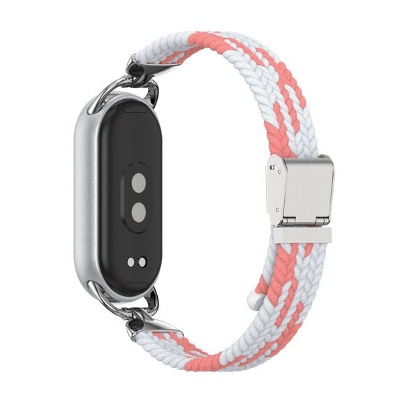 Per Xiaomi Smart Band 10/9/8 Cinturino per orologio in nylon intrecciato a due sezioni con testa in metallo (rosa e bianco)