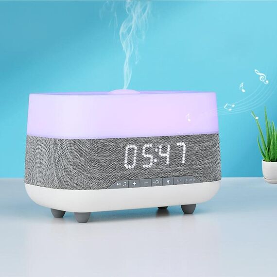 Umidificatore per aromaterapia con orologio Bluetooth da 300 ml con luce ambientale a sette colori, spina europea (grigio bianco)