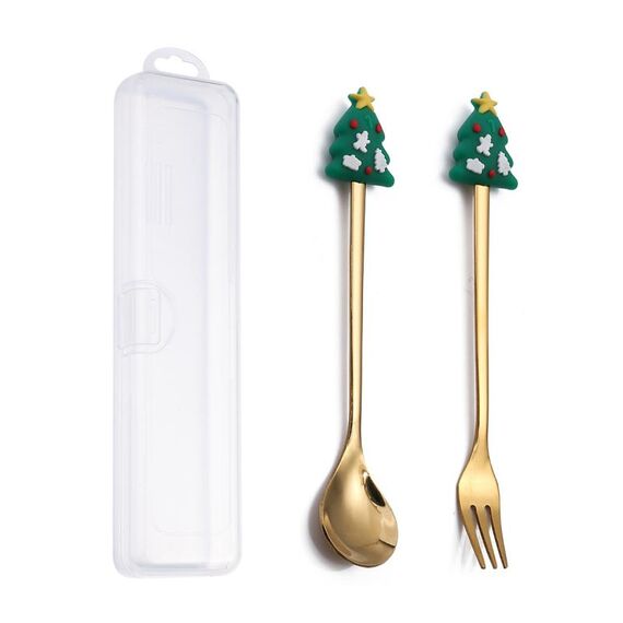 Set di forchette e cucchiai da dessert di Natale da 2 pezzi/pacco Stoviglie portatili a forma di cartone animato, Stile: Piccolo albero di Natale dorato