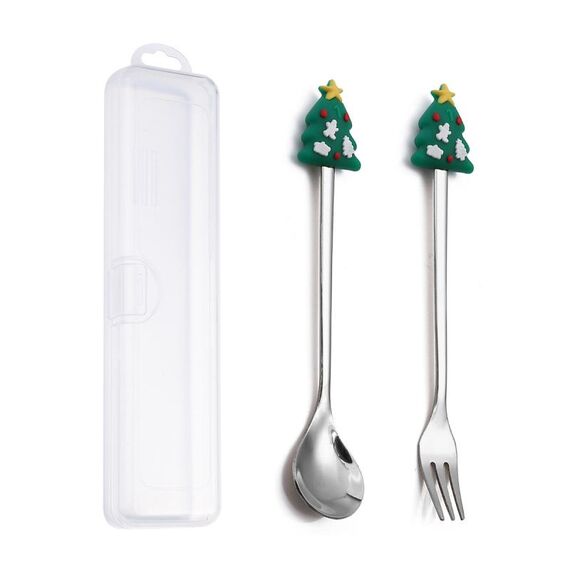 Set di forchette e cucchiai da dessert di Natale da 2 pezzi/pacco Stoviglie portatili a forma di simpatico cartone animato, Stile: Piccolo albero di Natale Argento