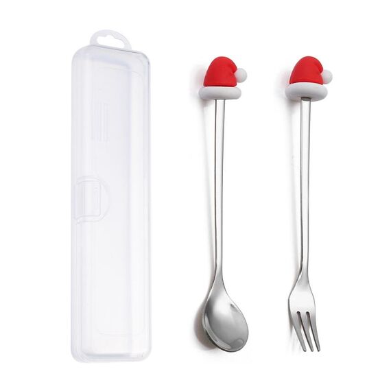 Set di forchette e cucchiai da dessert di Natale da 2 pezzi/pacco Stoviglie portatili a forma di cartone animato, Stile: Cappello di Natale Argento
