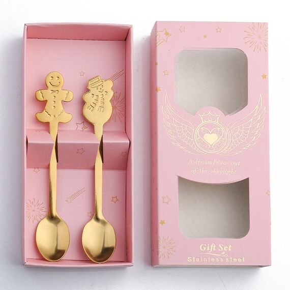 Set regalo di stoviglie per cucchiaio natalizio in acciaio inossidabile da 2 pezzi / confezione, colore: scatola rosa Pan di zenzero dorato + pupazzo di neve