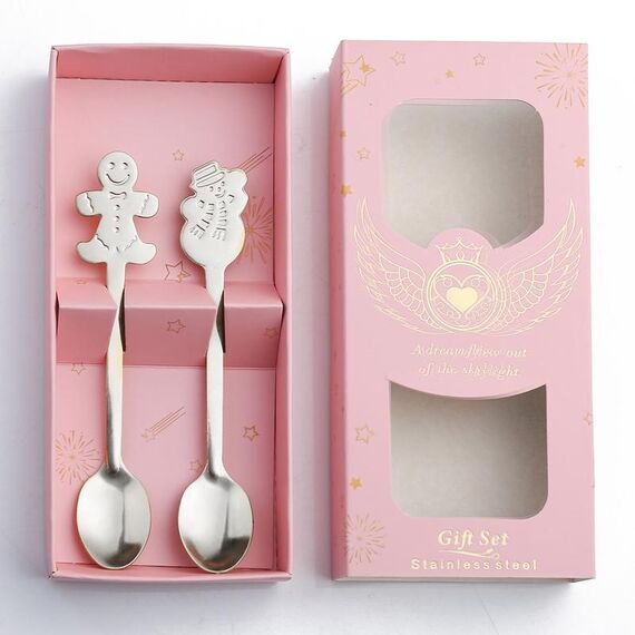 Set regalo da tavola con cucchiaio in acciaio inossidabile natalizio da 2 pezzi / confezione, colore: scatola rosa Pan di zenzero argento + pupazzo di neve