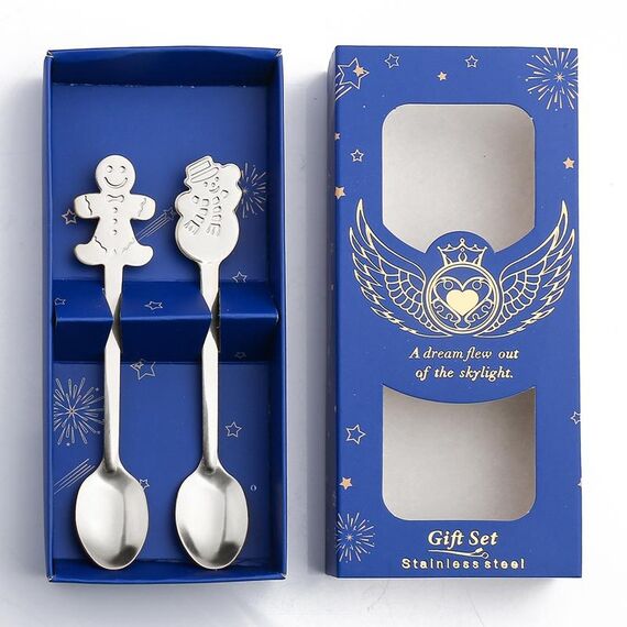 Set regalo da tavola con cucchiaio in acciaio inossidabile natalizio da 2 pezzi / confezione, colore: scatola blu, pan di zenzero argento + pupazzo di neve