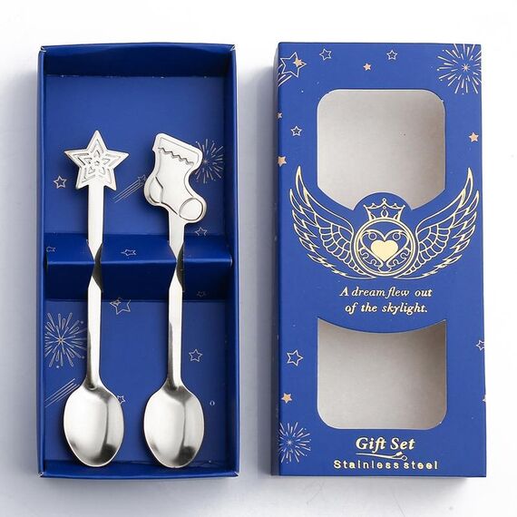Set regalo da tavola natalizio con cucchiaio in acciaio inossidabile da 2 pezzi / confezione, colore: scatola blu, calzini argento + stelle