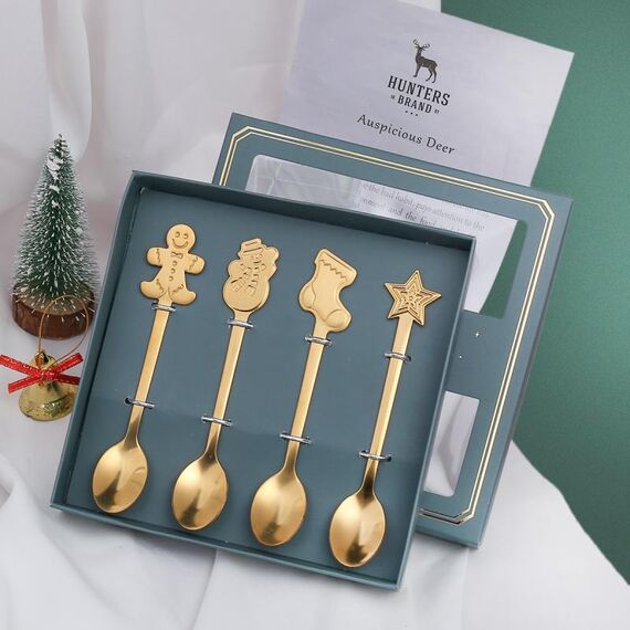 Set regalo da tavola natalizio con cucchiaio in acciaio inossidabile da 4 pezzi / confezione, colore: scatola verde dorato