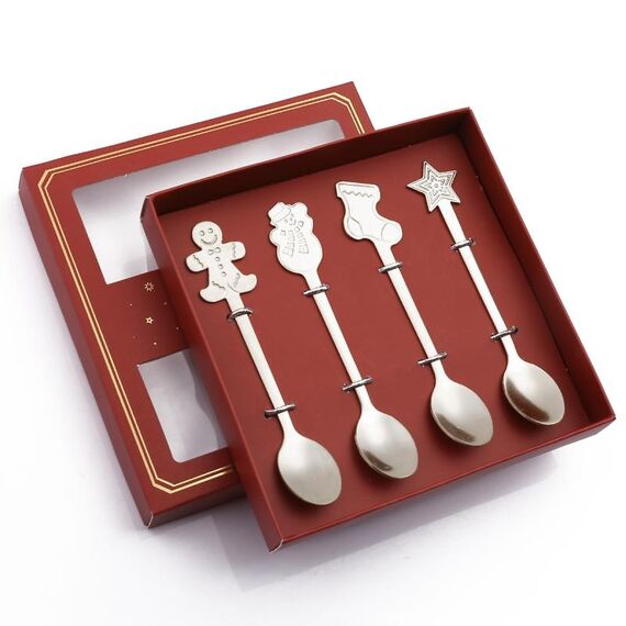 Set regalo da tavola natalizio con cucchiaio in acciaio inossidabile da 4 pezzi / confezione, colore: scatola rossa argento
