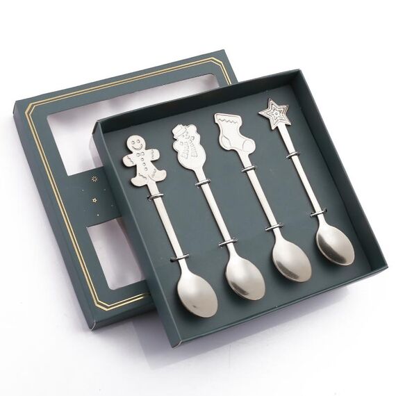 Set regalo da tavola natalizio con cucchiaio in acciaio inossidabile da 4 pezzi / confezione, colore: scatola verde argento