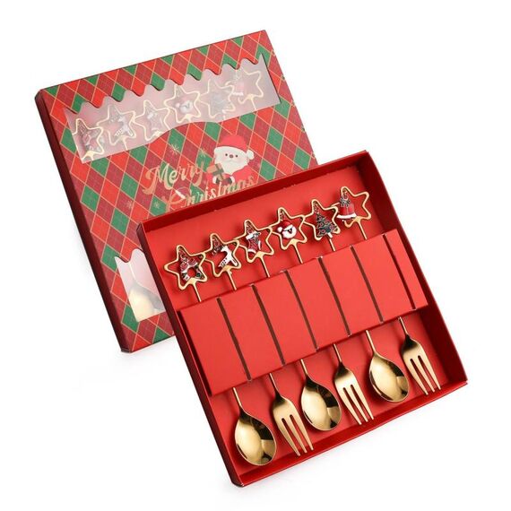 Set regalo di posate e posate natalizie in acciaio inossidabile da 6 pezzi/pacco, stile: 410 pentagramma+scatola rossa