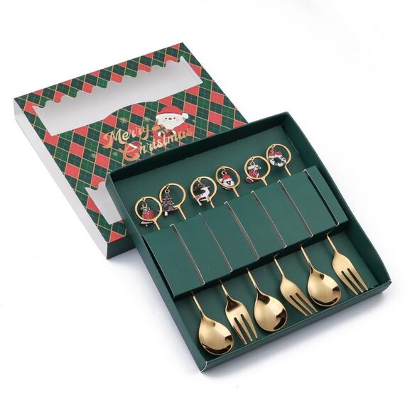 Set regalo di posate e posate natalizie in acciaio inossidabile da 6 pezzi/pacco, stile: 304 Circle+Green Box