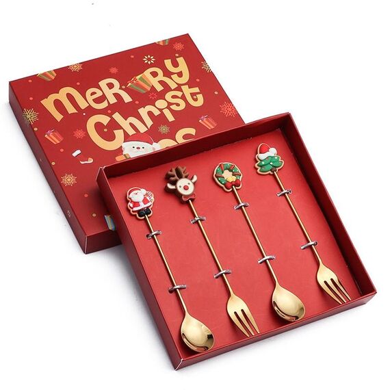 4 pezzi/pacco regalo di Natale cucchiaio forchetta da frutta per dessert e caffè, stile: A
