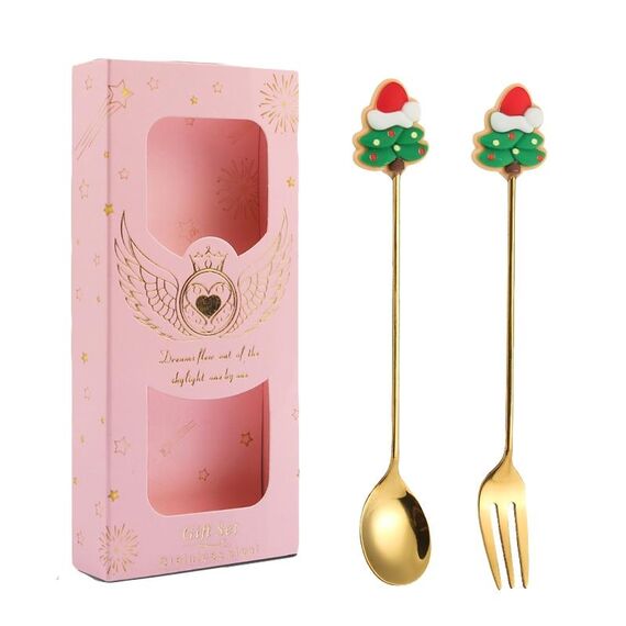 2 pezzi/pacco regalo di Natale cucchiaio forchetta da frutta per dessert e caffè, stile: albero (scatola rosa)