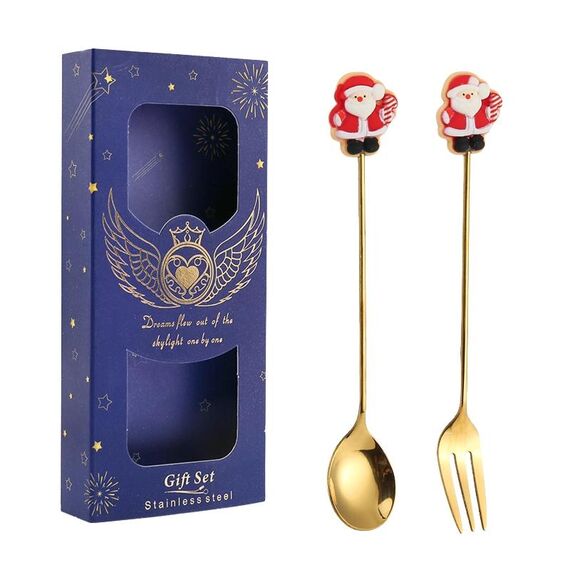 2 pezzi/pacco regalo di Natale cucchiaio forchetta da frutta per dessert e caffè, stile: anziani (scatola blu)