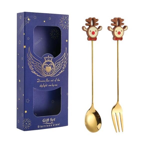 2 pezzi/pacco regalo di Natale cucchiaio forchetta da frutta per dessert e caffè, stile: alce (scatola blu)