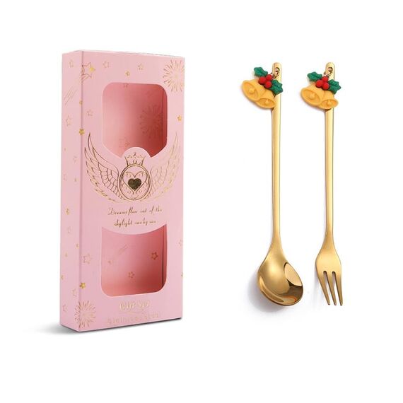 Confezione da 2 cucchiai natalizi, forchetta da frutta, con posate pendenti, stile: campana (scatola rosa)