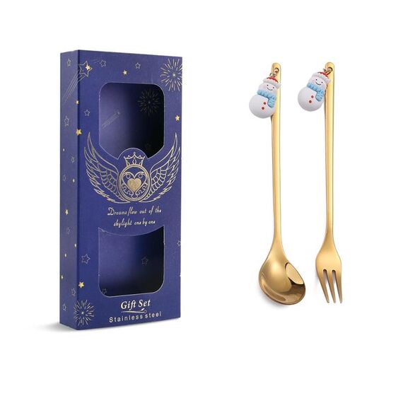 Confezione da 2 cucchiai natalizi, forchetta da frutta, con posate pendenti, stile: pupazzo di neve (scatola blu)