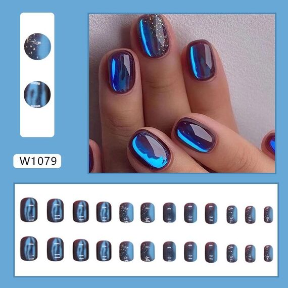 24 pezzi/scatola Stampa breve sulle unghie Unghie finte con glitter blu galassia Bling Aurora (W1079)