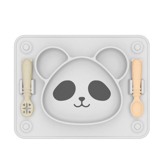 Piatto per alimenti con griglia a ventosa integrata per bambini Piatti per colla in silicone Panda per bambini (con forchetta e cucchiaio Nero Bianco)