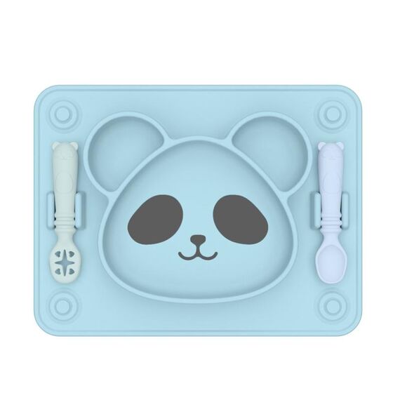 Piatto per alimenti con griglia a ventosa integrata per bambini Piatti per colla in silicone Panda per bambini (con forchetta e cucchiaio azzurro)