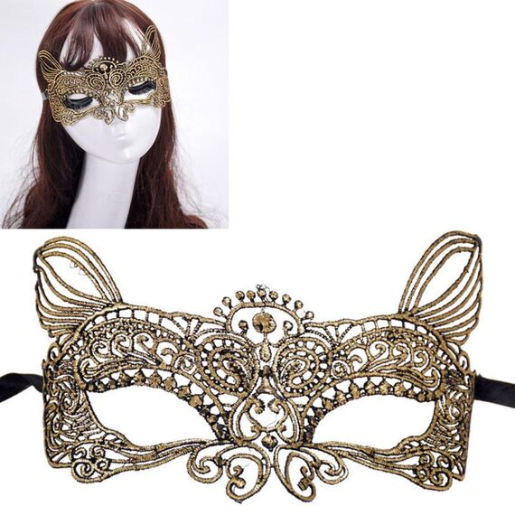 Halloween Masquerade Party Dance Sexy Lady Bronzing Lace Cat King Mask (Oro)