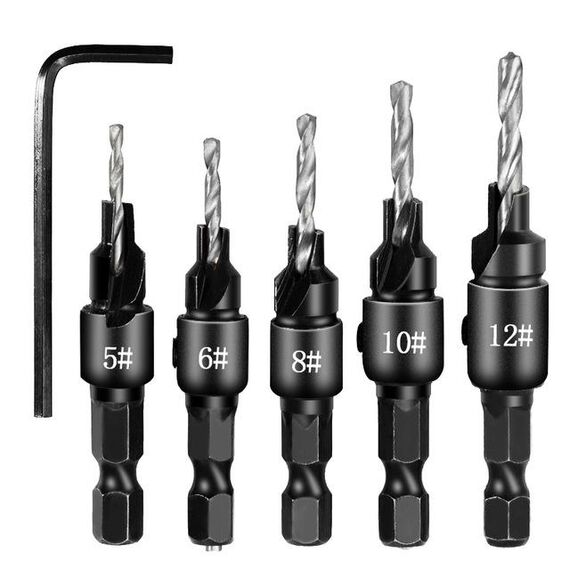 5 pezzi / set set di punte per trapano per lavorazione del legno svasatore set di utensili per viti esagonali (argento)