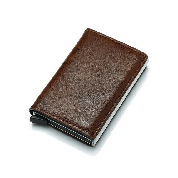 Tipo di carta elastica automatica Anti-magnetico RFID Pacchetto di carte retrò antifurto Portafoglio in metallo universale in pelle (caffè)