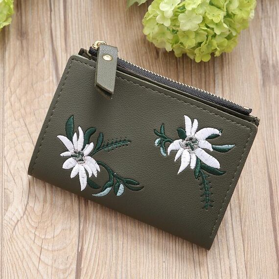 Portafoglio corto con ricamo Portafogli in pelle PU Portafoglio con cerniera floreale per donna Portafoglio con cerniera (verde militare)