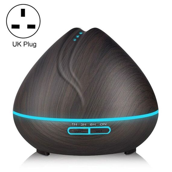 Macchina per aromaterapia Umidificatore ad ultrasuoni con telecomando a grana di legno a forma di pesca Spruzzatore automatico di alcol con luci a LED, capacità: 400 ml, spina UK (colore legno scuro)