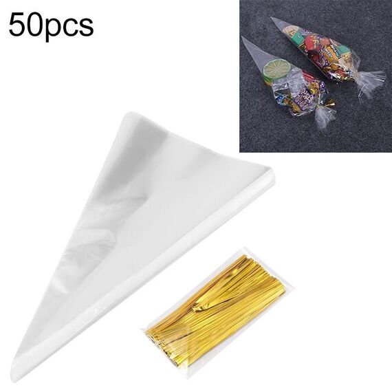 Borsa portaoggetti trasparente per coni di caramelle, matrimonio fai da te, 50 pezzi/pacco, specifica: 18x37 cm con filo