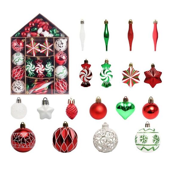 73 pezzi/set Ciondolo decorativo per albero di Natale, palla di Natale dipinta, colore: rosso verde bianco