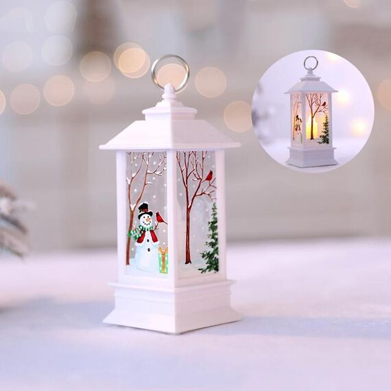 Decorazione da tavolo con lampada a LED a fiamma di simulazione natalizia con motivo pupazzo di neve bianco