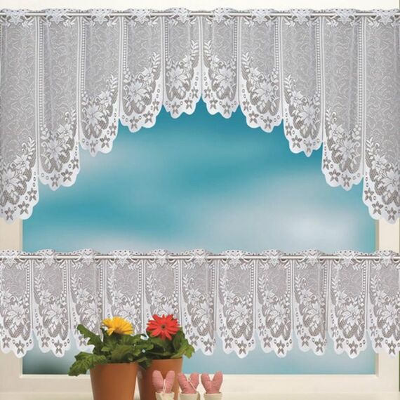 Tenda da caffè traslucida bianca Tulle Pizzo puro ordito Tende jacquard lavorate a maglia Tende da camera da letto, Dimensioni: Tenda superiore e inferiore (JHM-05)
