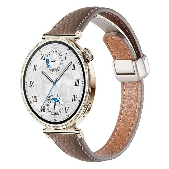 Cinturino per orologio in vera pelle con fibbia magnetica pieghevole, sottile, da 20 mm, effetto litchi (bronzo)