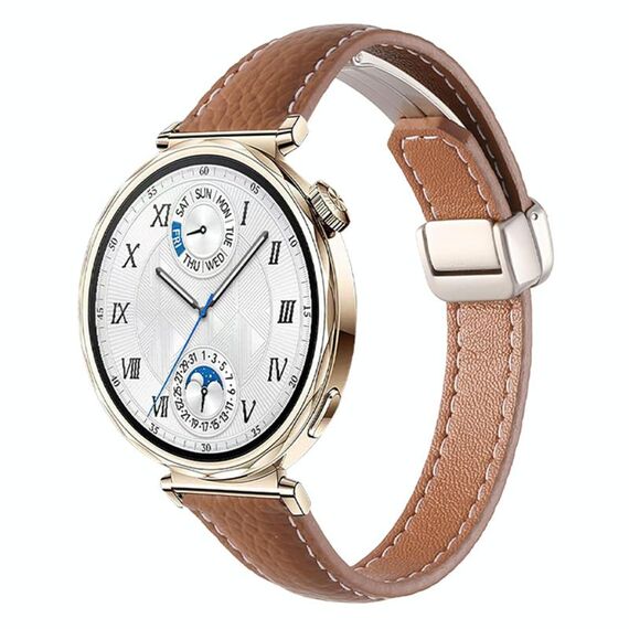 Cinturino per orologio in vera pelle con fibbia magnetica pieghevole, sottile, da 20 mm, con trama Litchi (marrone)