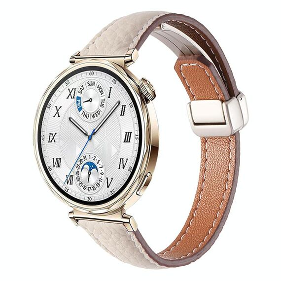 Cinturino per orologio in vera pelle con fibbia magnetica pieghevole, sottile, da 18 mm, con trama Litchi (Starlight)