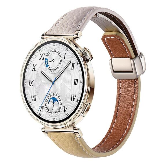 Cinturino per orologio in vera pelle con fibbia magnetica pieghevole, sottile, effetto litchi, da 18 mm (grigio/giallo)