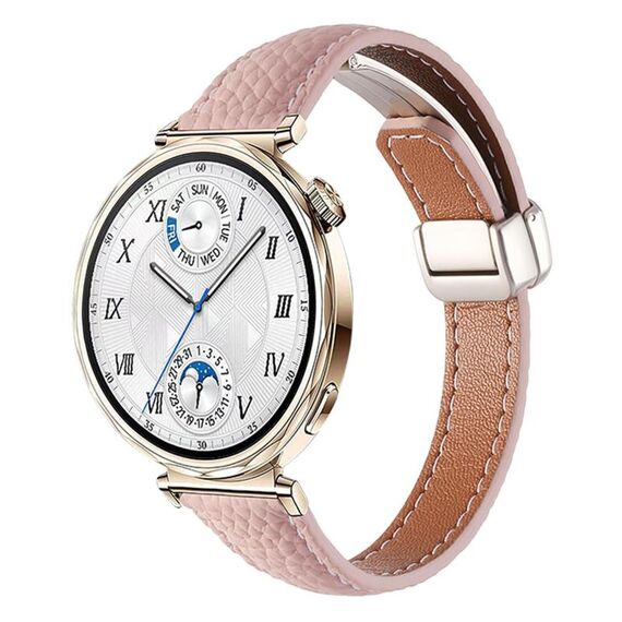 Cinturino per orologio in vera pelle con fibbia magnetica pieghevole, sottile, effetto litchi, da 18 mm (rosa)