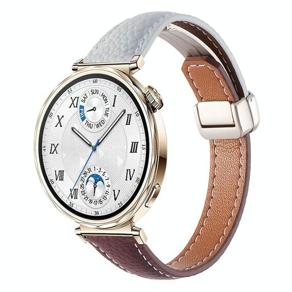 Cinturino per orologio in vera pelle con fibbia magnetica pieghevole, sottile, da 18 mm, con trama Litchi (blu nebbia, rosso vino)