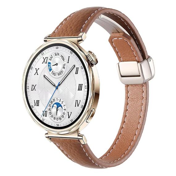Cinturino per orologio in vera pelle con fibbia magnetica pieghevole, sottile, effetto litchi, da 18 mm (marrone)