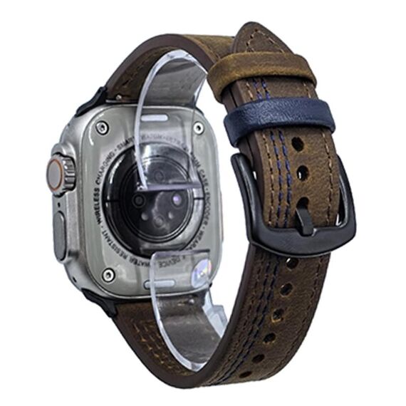 Cinturino in pelle pull-up con fibbia a tre stelle a 7 linee per Apple Watch da 46 mm / 49 mm / 45 mm / 44 mm (filo blu marrone scuro Crazy Horse)
