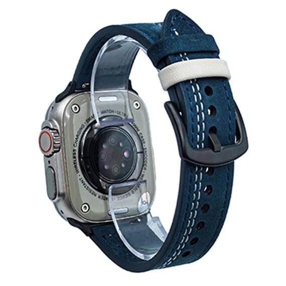 Cinturino in pelle pull-up con fibbia a tre stelle a 7 linee per Apple Watch da 42 mm / 41 mm / 40 mm / 38 mm (filo bianco blu scuro)