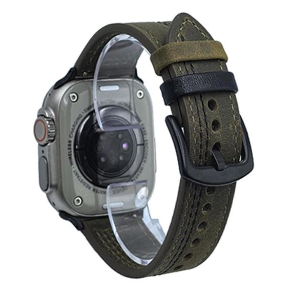 Cinturino in pelle pull-up con fibbia a tre stelle a 7 linee per Apple Watch da 42 mm / 41 mm / 40 mm / 38 mm (Crazy Horse verde militare filo nero)
