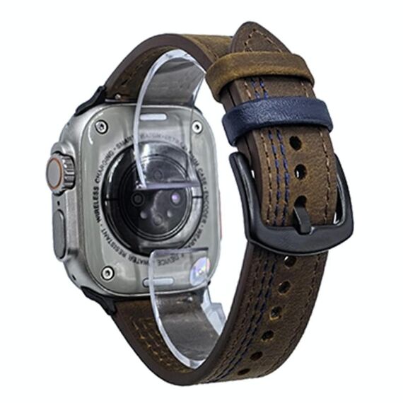 Cinturino in pelle pull-up con fibbia a tre stelle a 7 linee per Apple Watch da 42 mm / 41 mm / 40 mm / 38 mm (filo blu marrone scuro Crazy Horse)