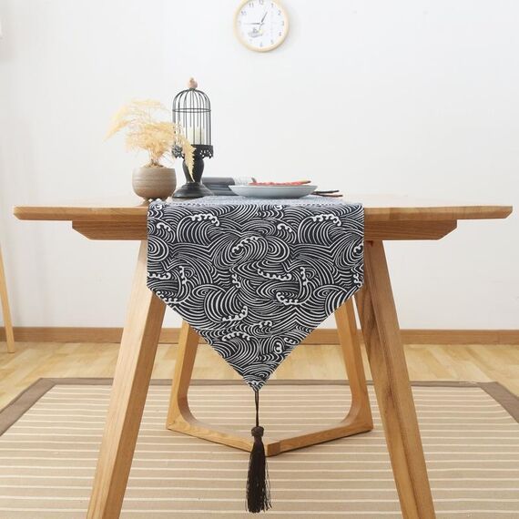 Tovaglia retrò in cotone e lino tavolo da pranzo tavolo da pranzo bandiera retrò, dimensioni: 30x200 cm (onda)