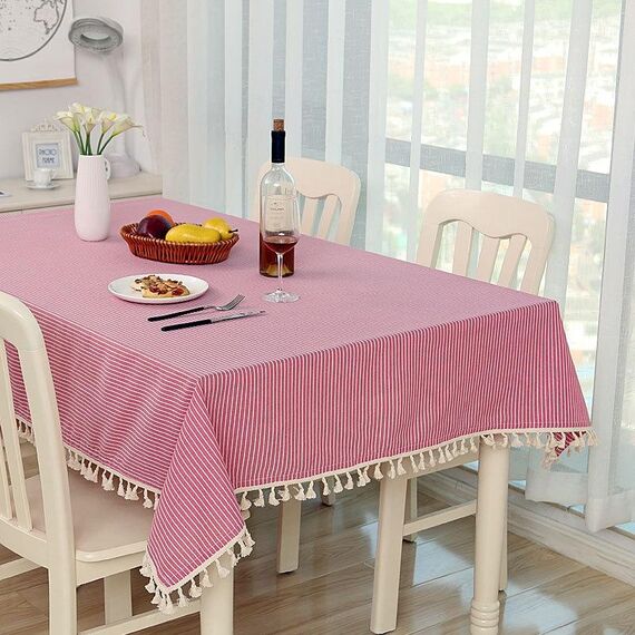 Tovaglia da pranzo in cotone, tovaglia decorativa, dimensioni: 140x140 cm (strisce rosa)
