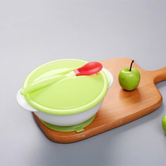 Ciotola per coperchio per cucchiaio temperatura per ventosa per bambini Ciotola per addestramento a prova di caduta per neonati Stoviglie per alimentazione infantile (ciotola verde + cucchiaio)