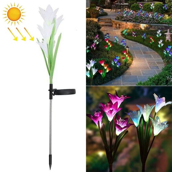 Fiore di giglio simulato 4 teste Lampada da giardino decorativa a LED impermeabile IP55 alimentata a energia solare, luce colorata (bianca)